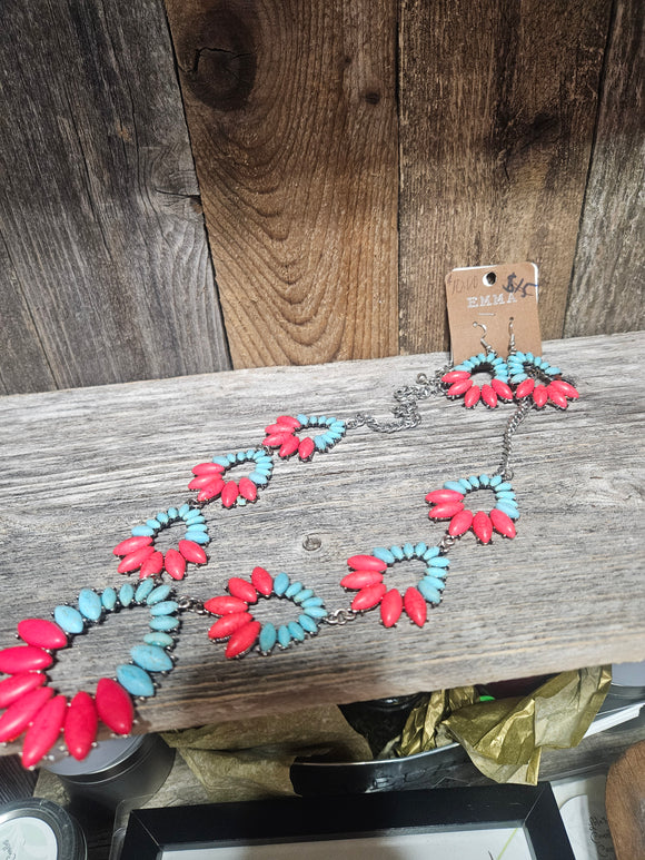 Red and Blue Stone Necklace Earring set