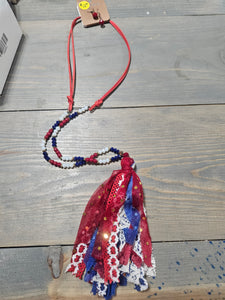 Red white and blue string fringe necklace and earrings